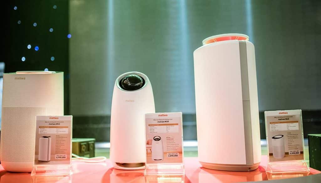 The lines of meliwa smart air purifiers M60, M20, and M50 (from left to right).